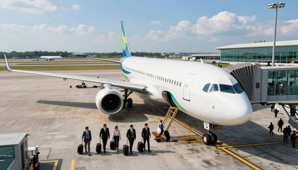 A beautiful aerial view of a modern airplane on the tarmac, showcasing a direct flight boarding process at an airport. The foreground features business travelers in professional attire, with their luggage, eagerly waiting to board. In the middle, the airplane, sleek and gleaming in bright colors, is ready for departure. The background highlights a bustling airport terminal with people walking, large windows letting in natural light, and the distant silhouette of another aircraft taxiing. The scene reflects an atmosphere of excitement and anticipation, under a clear blue sky with soft clouds, conveying the efficiency and convenience of direct flights. The lighting is bright and inviting, capturing the vibrant energy of travel. A beautiful aerial view of a modern airplane on the tarmac, showcasing a direct flight boarding process at an airport. The foreground features business travelers in professional attire, with their luggage, eagerly waiting to board. In the middle, the airplane, sleek and gleaming in bright colors, is ready for departure. The background highlights a bustling airport terminal with people walking, large windows letting in natural light, and the distant silhouette of another aircraft taxiing. The scene reflects an atmosphere of excitement and anticipation, under a clear blue sky with soft clouds, conveying the efficiency and convenience of direct flights. The lighting is bright and inviting, capturing the vibrant energy of travel.
