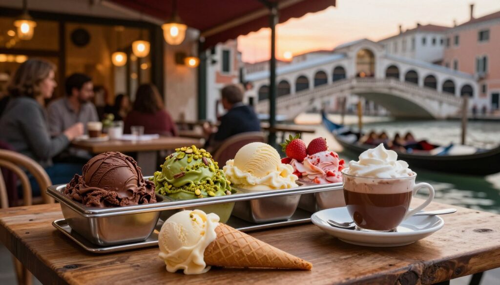 A beautifully arranged display of gelato in various flavors, including rich chocolate, vibrant pistachio, and refreshing strawberry, set on a rustic wooden table. In the foreground, a delicate scoop of creamy gelato in an elegant cone rests next to a small cup of rich, dark hot chocolate, topped with whipped cream. The middle ground features a stylish café ambiance with warm, inviting lighting, and a blurred view of patrons enjoying their drinks in a charming Venetian setting. The background captures iconic architectural elements of Venice, including a gondola passing by under a picturesque bridge, bathed in the soft glow of sunset. The atmosphere is cozy and inviting, perfect for savoring sweet treats in a bustling city.