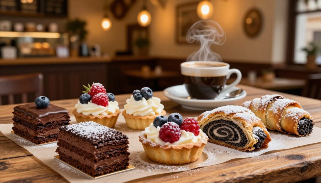 A beautifully arranged display of traditional Hungarian "ciasta" desserts served on a rustic wooden table. The foreground showcases an assortment of pastries, including rich chocolate layered cakes, creamy fruit tarts, and delicate poppy seed strudel, all adorned with powdered sugar and fresh berries. In the middle ground, a steaming cup of coffee sits beside a saucer, with a soft shadow cast, creating an inviting atmosphere. The background features a warm, softly lit café interior, with hanging lights and vintage decor, enhancing the cozy ambiance. The overall mood is warm and indulgent, perfect for a delightful coffee break. The image should have a shallow depth of field, focusing on the desserts while gently blurring the background to emphasize the sweetness of Hungarian confectionery.