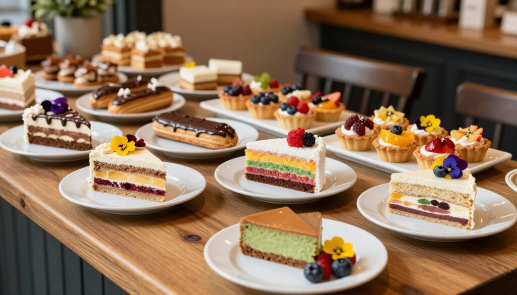 A beautifully arranged pastry table showcasing a variety of traditional German desserts, specifically ciasto. In the foreground, several slices of colorful, layered ciasto on elegant white plates are adorned with fresh berries and delicate edible flowers. The middle ground features an assortment of other sweets like chocolate éclairs and fruit tarts, artfully displayed. The background includes a rustic café setting, with soft, warm lighting that highlights the textures of the pastries, creating an inviting atmosphere. The image is captured from a slightly elevated angle to emphasize the details and colors of the desserts. The overall mood is cozy and delightful, celebrating the sweetness of Berlin's culinary scene.