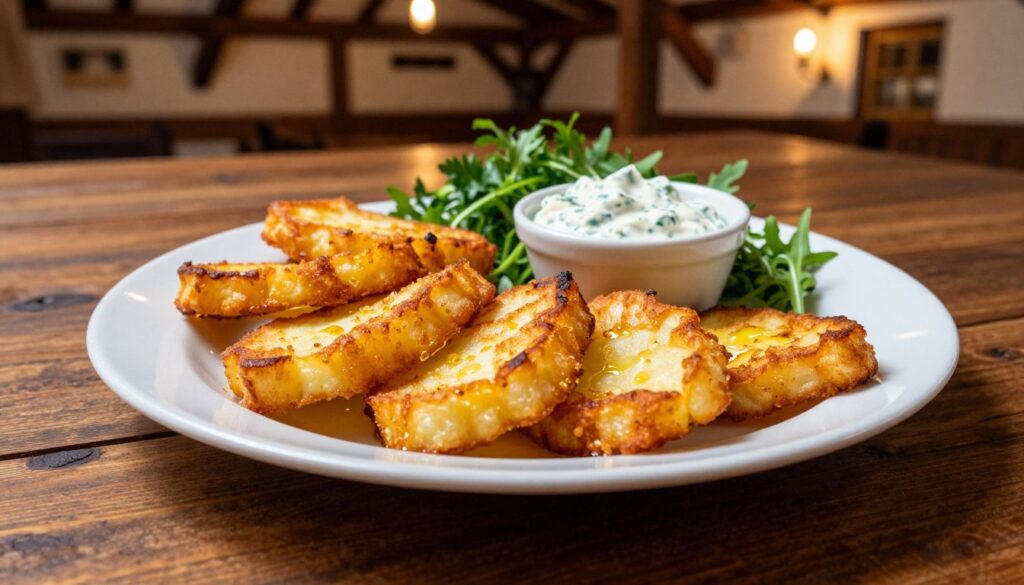A beautifully arranged plate of "smažený sýr," featuring golden, crispy fried cheese slices, served alongside a small bowl of tangy tartar sauce and fresh greenery, like parsley or arugula. In the foreground, highlight the textures of the fried cheese while capturing the glistening oil on its surface. In the middle ground, include a rustic wooden table, enhancing the homey, Czech pub atmosphere. Soft, warm lighting creates a cozy ambience, creating inviting shadows that emphasize the food. In the background, subtly depict a blurred setting of a traditional Czech pub, with wooden beams and dim lighting, enhancing the mood of authentic Czech cuisine. Focus on presenting the dish in a way that makes it look irresistibly delicious and appealing to anyone exploring meatless options. A beautifully arranged plate of "smažený sýr," featuring golden, crispy fried cheese slices, served alongside a small bowl of tangy tartar sauce and fresh greenery, like parsley or arugula. In the foreground, highlight the textures of the fried cheese while capturing the glistening oil on its surface. In the middle ground, include a rustic wooden table, enhancing the homey, Czech pub atmosphere. Soft, warm lighting creates a cozy ambience, creating inviting shadows that emphasize the food. In the background, subtly depict a blurred setting of a traditional Czech pub, with wooden beams and dim lighting, enhancing the mood of authentic Czech cuisine. Focus on presenting the dish in a way that makes it look irresistibly delicious and appealing to anyone exploring meatless options.