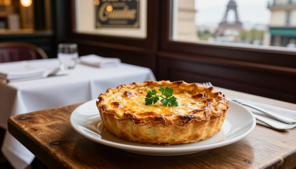 A beautifully arranged plate of traditional French cuisine featuring a flaky, golden-brown quiche Lorraine, garnished with sprigs of fresh parsley. In the background, a rustic wooden table is set with an elegant white tablecloth and delicate cutlery, evoking a charming Parisian bistro atmosphere. Soft, warm lighting filters in from a nearby window, enhancing the rich colors of the food and creating a cozy ambiance. A blurred view of iconic Parisian elements, such as a vintage café sign and a glimpse of the Eiffel Tower, can be seen outside the window. The scene captures the essence of French culinary heritage, inviting viewers to savor the classic flavors of Paris.