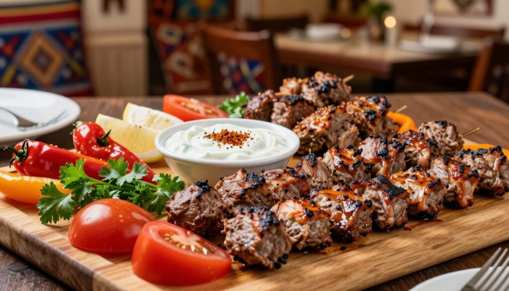 A beautifully arranged platter of Turkish kebabs, showcasing a variety of styles including döner, şiş, Adana, and İskender. In the foreground, the succulent grilled meats are skillfully presented on a wooden board, garnished with fresh vegetables like tomatoes, peppers, and parsley. The middle features a bright, aromatic drizzle of yogurt sauce and spices, enhancing the visual appeal. In the background, a softly blurred image of a traditional Turkish restaurant with warm, inviting lighting creates a cozy atmosphere, with hints of colorful Turkish decor. The photo is captured in natural light, emphasizing the vibrant colors of the food, using a shallow depth of field to focus on the kebabs, evoking a sense of authenticity and culinary delight.