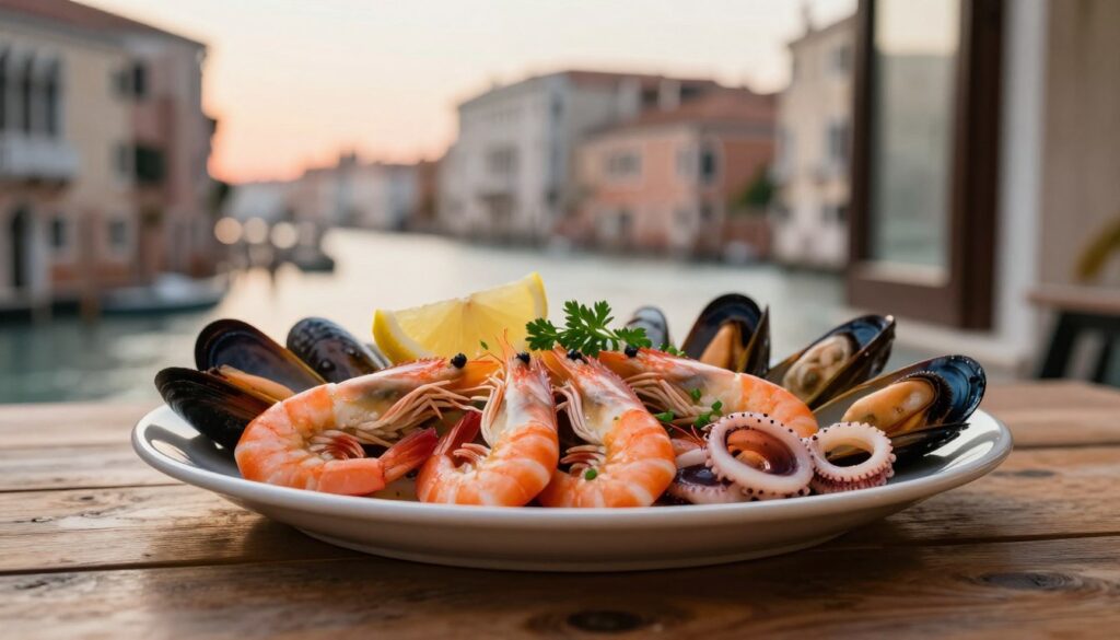 A beautifully arranged platter of fresh seafood set on a rustic wooden table, featuring an assortment of colorful shrimp, vibrant mussels, and glistening calamari, garnished with lemon wedges and a sprinkle of fresh herbs. The scene captures the essence of Venice, with soft natural lighting creating a warm ambiance that highlights the textures and colors of the seafood. In the background, blurred hints of classic Venetian architecture can be seen through a softly focused window, adding depth to the composition. The mood is inviting and appetizing, perfect for showcasing the rich maritime flavors of the region. Use a shallow depth of field to keep the focus on the seafood, while the soft glow of sunset filtering through adds to the warmth of the image.