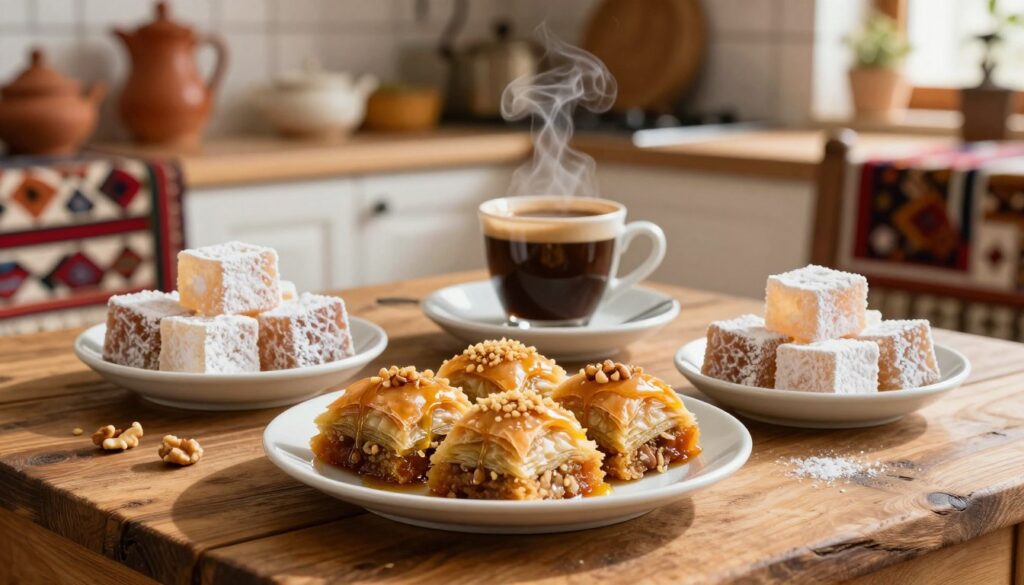 A beautifully arranged selection of Cypriot desserts set on a rustic wooden table. In the foreground, a plate filled with honey-soaked baklava, adorned with crushed nuts and a drizzle of golden syrup. Beside it, a small bowl of traditional Cypriot sweet treats like loukoum (Turkish delight) sprinkled with powdered sugar. In the middle, a cup of strong Cypriot coffee, its steam rising gently. The background features a warm, sunlit kitchen with earthenware pots and traditional Cypriot textiles subtly enhancing the atmosphere. The lighting is soft and inviting, casting gentle shadows to create a cozy, homely feel. The composition conveys a sense of warmth and nostalgia, celebrating the rich culinary heritage of Cyprus.
