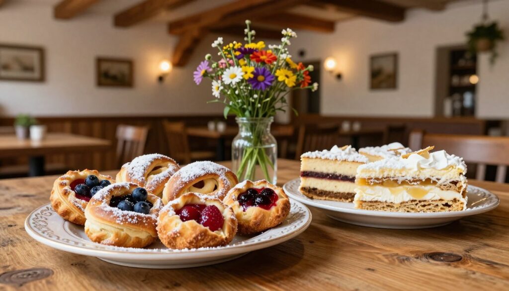 A beautifully arranged selection of traditional Czech desserts on a rustic wooden table. In the foreground, an ornate plate showcases a variety of sweet treats: rich trdelník dusted with powdered sugar, delicate fruit-filled koláče, and layers of creamy, decadent cream cakes. In the middle, a small vase holds fresh wildflowers, adding a touch of color. The background features a softly blurred interior of a cozy Czech café, warm and inviting, with wooden beams and ambient, soft lighting creating a nostalgic atmosphere. The scene is captured from a slightly elevated angle, emphasizing the textures and vibrant colors of the desserts while ensuring a heartwarming, inviting mood. A beautifully arranged selection of traditional Czech desserts on a rustic wooden table. In the foreground, an ornate plate showcases a variety of sweet treats: rich trdelník dusted with powdered sugar, delicate fruit-filled koláče, and layers of creamy, decadent cream cakes. In the middle, a small vase holds fresh wildflowers, adding a touch of color. The background features a softly blurred interior of a cozy Czech café, warm and inviting, with wooden beams and ambient, soft lighting creating a nostalgic atmosphere. The scene is captured from a slightly elevated angle, emphasizing the textures and vibrant colors of the desserts while ensuring a heartwarming, inviting mood.