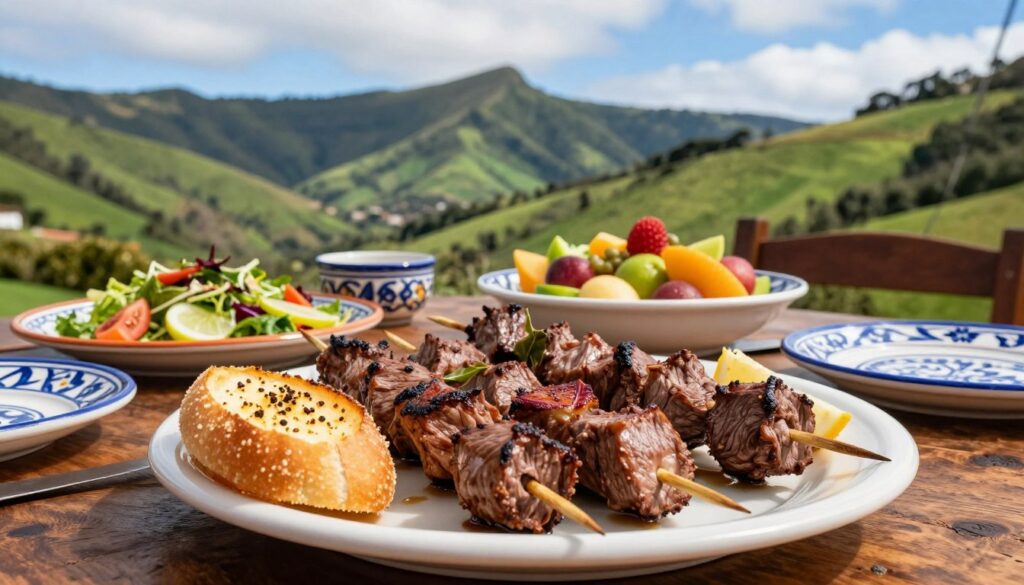 A beautifully arranged table set against a vibrant backdrop of Madeira's lush landscape. In the foreground, an enticing platter of espetada skewers, juicy chunks of marinated beef threaded on bay laurel sticks, is served alongside a warm bolo do caco, a traditional garlic bread. Various sides like fresh salad and local fruits add color and texture, enhancing the scene. The middle ground features a rustic wooden table, artfully decorated with traditional Portuguese ceramic dishes. In the background, rolling green hills stretch under a bright blue sky with soft clouds, capturing the essence of Madeira’s natural beauty. The lighting is warm and inviting, suggesting a cheerful dining atmosphere. Aim for a close-up angle to highlight the details of the dishes while maintaining a panoramic view of the stunning landscape.