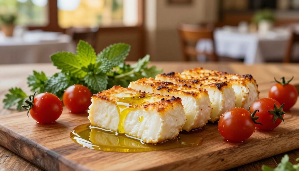 A beautifully plated serving of halloumi cheese, golden and crispy on the outside, placed on a rustic wooden table. The foreground features a close-up of the halloumi alongside a drizzle of high-quality olive oil and vibrant cherry tomatoes, their glossy skin reflecting light. In the middle ground, fresh herbs like mint and parsley add a pop of green, enhancing the composition. The background captures a sunlit tavern with soft, warm lighting, giving a cozy Mediterranean atmosphere. The scene emits a welcoming mood, emphasizing the rich culinary tradition of Cyprus. The angle is slightly elevated, focusing on the textures of the cheese and the freshness of the ingredients, creating an inviting culinary experience.