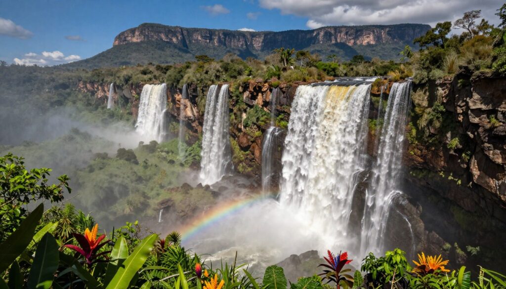 A breathtaking view of "Canaima" showcasing a stunning waterfall cascading down dramatic cliffs. In the foreground, lush green foliage surrounds the base of the waterfall, with colorful tropical flowers adding vibrant accents. The middle ground features the waterfall's powerful flow, creating misty spray that catches the sunlight, creating rainbow effects. In the background, towering mountains and a deep blue sky highlight the remote beauty of the Gran Sabana region. The atmosphere is serene yet invigorating, embodying the untamed nature of Venezuela. Use soft natural lighting to enhance the lush greens and the sparkling water, capturing the untouched beauty of this wilderness. The image should be in a wide-angle perspective to convey the grandeur of the landscape, inviting viewers to explore this captivating destination. A breathtaking view of "Canaima" showcasing a stunning waterfall cascading down dramatic cliffs. In the foreground, lush green foliage surrounds the base of the waterfall, with colorful tropical flowers adding vibrant accents. The middle ground features the waterfall's powerful flow, creating misty spray that catches the sunlight, creating rainbow effects. In the background, towering mountains and a deep blue sky highlight the remote beauty of the Gran Sabana region. The atmosphere is serene yet invigorating, embodying the untamed nature of Venezuela. Use soft natural lighting to enhance the lush greens and the sparkling water, capturing the untouched beauty of this wilderness. The image should be in a wide-angle perspective to convey the grandeur of the landscape, inviting viewers to explore this captivating destination.