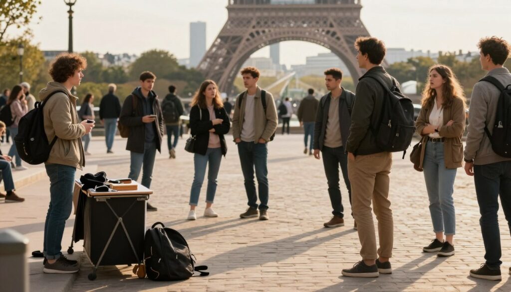 A bustling Parisian street scene in the foreground, showcasing tourists interacting with street vendors, some appearing suspicious or distracted, while a street performer in the middle entertains a group of visitors, with their belongings carelessly placed nearby. In the background, iconic landmarks like the Eiffel Tower can be seen, slightly blurred to keep focus on the travelers. The lighting is warm and inviting, creating a lively atmosphere during the golden hour, casting soft shadows across the cobblestones. The tourists are dressed in smart casual clothing, exuding a sense of excitement as they explore the city. The overall mood conveys a blend of curiosity and caution, highlighting the theme of tourist scams in an appealing yet alert way.