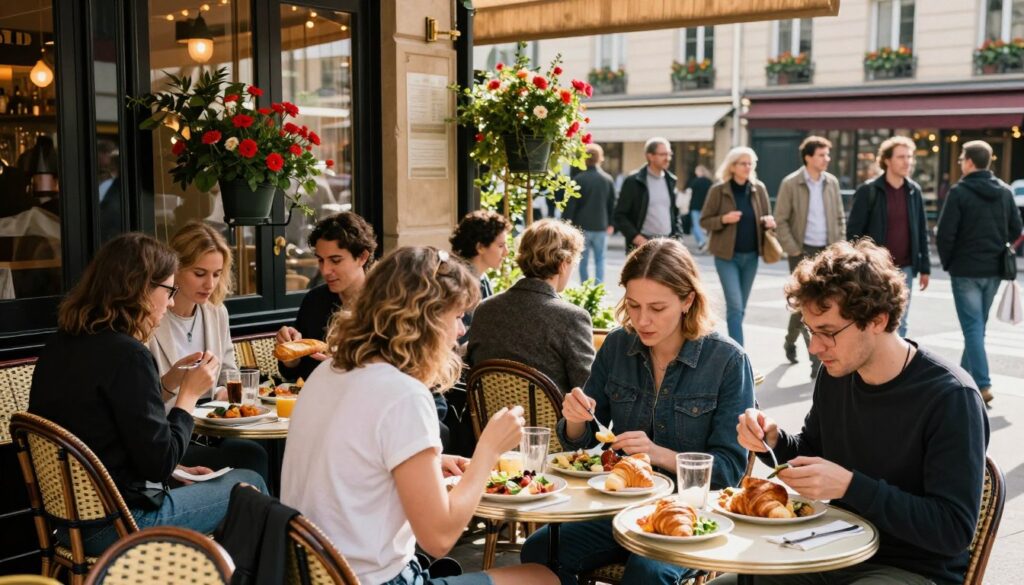 A bustling Parisian street scene showcasing a charming café with outdoor seating. In the foreground, a diverse group of people dressed in modest casual clothing enjoy lunch at a small round table, savoring classic French dishes like baguettes, croissants, and salads. The middle ground features a well-decorated café facade with colorful flower pots, while Parisians stroll by in the background, some carrying shopping bags. The atmosphere is vibrant and lively, bathed in soft, warm afternoon sunlight. The angle is slightly elevated, capturing the essence of Parisian life, encouraging viewers to engage with the culinary delights. The scene evokes a sense of enjoyment and discovery, emphasizing affordability and local charm.