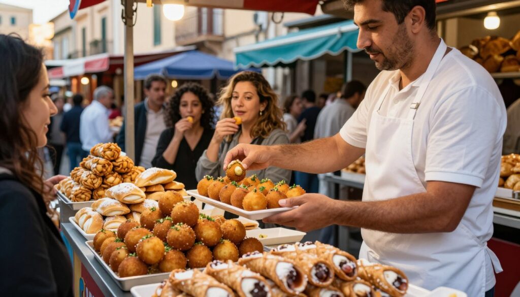 A bustling Sicilian street food scene, featuring a colorful food stall brimming with delicious arancini and freshly baked cannoli. In the foreground, a vendor in a crisp white shirt and apron serves a customer, showcasing the enticing texture of arancini with golden-brown crusts and a sprinkling of herbs. In the middle ground, local shoppers sample mouthwatering pastries and other snacks, their expressions reflecting delight and anticipation. The background reveals a vibrant marketplace, adorned with bright banners and rustic buildings, bathed in warm afternoon sunlight. The atmosphere is lively and inviting, capturing the essence of Sicilian street culture. Use a shallow depth of field to focus on the food while subtly blurring the surroundings, creating an intimate and immersive experience. A bustling Sicilian street food scene, featuring a colorful food stall brimming with delicious arancini and freshly baked cannoli. In the foreground, a vendor in a crisp white shirt and apron serves a customer, showcasing the enticing texture of arancini with golden-brown crusts and a sprinkling of herbs. In the middle ground, local shoppers sample mouthwatering pastries and other snacks, their expressions reflecting delight and anticipation. The background reveals a vibrant marketplace, adorned with bright banners and rustic buildings, bathed in warm afternoon sunlight. The atmosphere is lively and inviting, capturing the essence of Sicilian street culture. Use a shallow depth of field to focus on the food while subtly blurring the surroundings, creating an intimate and immersive experience.
