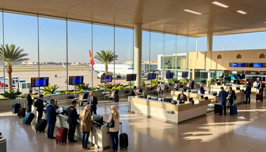 A bustling airport scene in Egypt, showcasing Hurghada International Airport and Marsa Alam Airport in a harmonious blend. In the foreground, elegant travelers in professional business attire are checking in at modern kiosks. The middle ground highlights a spacious terminal with large glass windows, allowing sunlight to stream in, casting a warm glow. Numerous luggage trolleys are scattered, while flight information screens display various destinations. In the background, planes parked on the tarmac are ready for takeoff against a clear blue sky. Vibrant palm trees and traditional architectural elements add cultural ambiance. The atmosphere is lively and welcoming, reflecting the excitement of international travel. Shot at eye level with a wide-angle lens to capture the bustling activity and openness of the airport environment.