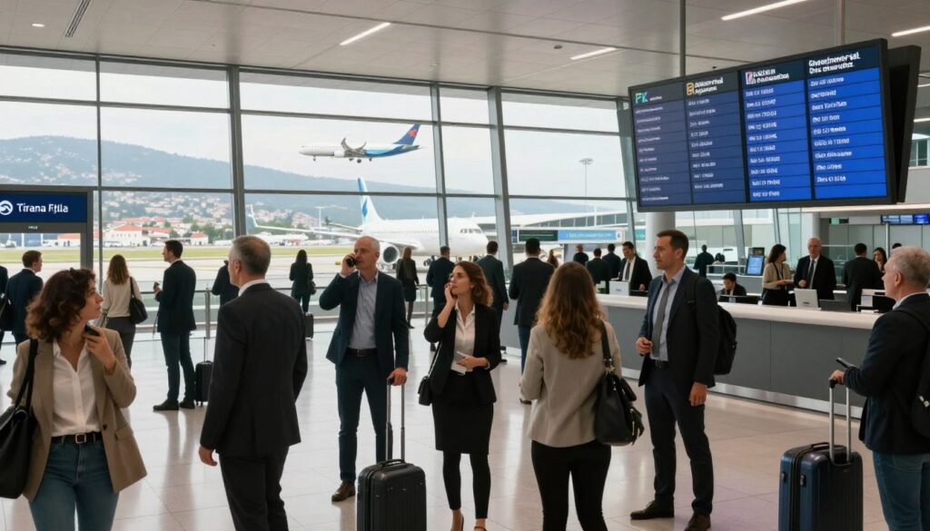 A bustling airport terminal scene showcasing direct flights to Tirana. In the foreground, a diverse group of travelers dressed in professional business attire waits excitedly near a flight information board displaying destinations and departure times. The middle ground features modern airport architecture with large windows allowing natural light to flood in, illustrating planes taking off and landing outside. In the background, iconic Albanian scenery is visible through the windows, with hints of the beautiful Adriatic coastline. The atmosphere is vibrant and dynamic, capturing the excitement of international travel. The lighting is bright yet soft, creating a welcoming ambiance. The angle is slightly elevated, providing a comprehensive view of the bustling terminal while highlighting the allure of Tirana as a travel destination. A bustling airport terminal scene showcasing direct flights to Tirana. In the foreground, a diverse group of travelers dressed in professional business attire waits excitedly near a flight information board displaying destinations and departure times. The middle ground features modern airport architecture with large windows allowing natural light to flood in, illustrating planes taking off and landing outside. In the background, iconic Albanian scenery is visible through the windows, with hints of the beautiful Adriatic coastline. The atmosphere is vibrant and dynamic, capturing the excitement of international travel. The lighting is bright yet soft, creating a welcoming ambiance. The angle is slightly elevated, providing a comprehensive view of the bustling terminal while highlighting the allure of Tirana as a travel destination.
