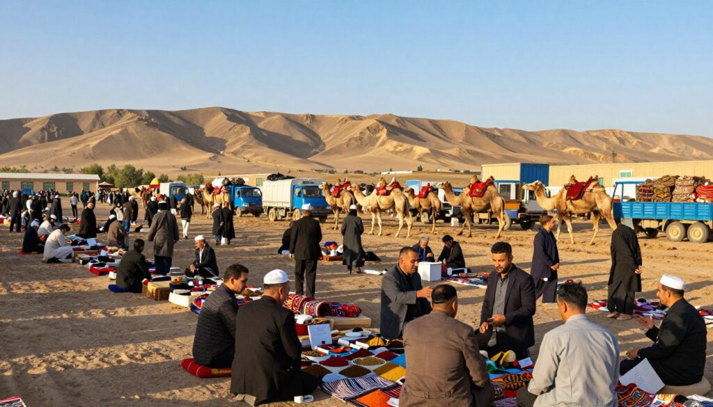 A bustling marketplace at the borders of Uzbekistan, showcasing the vibrant trade culture. In the foreground, a diverse group of merchants in professional attire are engaging in lively discussions, surrounded by traditional wares such as textiles, spices, and handcrafted goods. The middle ground features camel caravans and small trucks transporting goods, symbolizing the region's transport networks. In the background, rolling hills and desert landscapes blend into the clear blue sky under warm, golden sunlight, creating a bright and inviting atmosphere. The scene captures the essence of economic activity and cross-border exchange, highlighting the strategic importance of Uzbekistan in Central Asia. Use a wide-angle lens to enhance the depth and richness of the environment, focusing on the lively interactions among people and goods.
