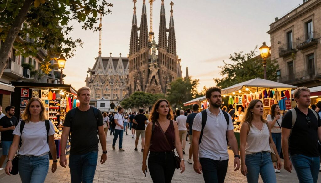 A bustling street in Barcelona during the golden hour, showcasing the vibrant atmosphere of La Rambla. In the foreground, a diverse group of tourists, all dressed in smart casual attire, walking cautiously while observing their surroundings, with a slight look of concern on their faces. In the middle ground, iconic street performers entertaining a captivated crowd, with colorful stalls selling local crafts and souvenirs. In the background, the majestic outline of the Sagrada Familia silhouetted against a soft, warm sunset, coupled with the soft glow of street lamps illuminating the cobblestone path. The lighting is warm and inviting yet conveys an undertone of vigilance, emphasizing the importance of being aware of one’s surroundings. The scene captures the essence of Barcelona while underscoring the need for tourist awareness.