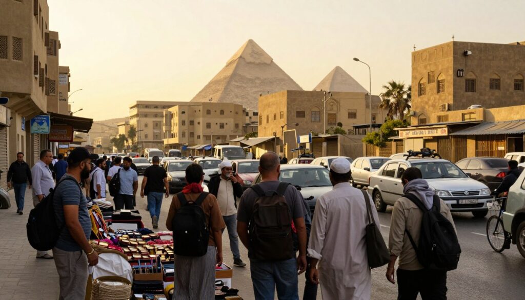 A bustling street scene in Cairo, Egypt, illustrating everyday risks for tourists. In the foreground, a diverse group of tourists dressed in modest casual clothing observes street vendors selling local goods. The middle ground features busy traffic with cars and bicycles, capturing the city's vibrant energy. In the background, iconic Egyptian architecture, like the pyramids and mosques, can be seen under a warm golden sunset, enhancing the atmosphere. The lighting should be soft yet bright, creating a welcoming yet cautionary mood. The scene should emphasize the contrasts between the historical sights and the modern hustle, conveying the dynamic environment that tourists experience in Egypt.