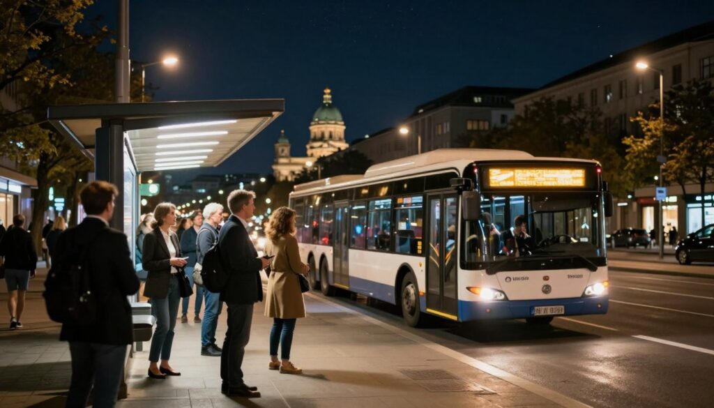 A bustling urban night scene depicting public transport safety in Berlin. In the foreground, a well-lit bus stop with a diverse group of people waiting, including professionals in business attire and modest casual clothing. The middle ground features a modern bus approaching, illuminated by soft, warm lights. The background shows a cityscape with iconic Berlin architecture, subtly lit under a starry night sky. Ambient city lights reflect a feeling of safety and vibrancy. The angle captures a slight upward view toward the bus, emphasizing its importance. The overall mood is reassuring and inviting, highlighting the efficiency and security of Berlin's public transportation system at night.