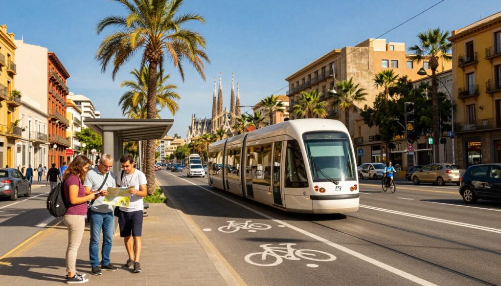 A bustling urban scene showcasing efficient transport in Spain. In the foreground, a modern tram glides smoothly along a clean street lined with palm trees. Nearby, a couple of tourists in modest casual clothing consult a map while waiting at the tram stop. The middle ground features a scenic view of a busy road with vehicles, including cars and buses, and cyclists navigating dedicated bike lanes. In the background, iconic Spanish architecture, such as colorful buildings and a distant view of a landmark like the Sagrada Familia in Barcelona, enriches the scene under a bright blue sky. The sun casts warm, inviting light, creating a vibrant atmosphere that suggests safety and ease of travel. The image captures the essence of leisurely exploration and reliable transport.