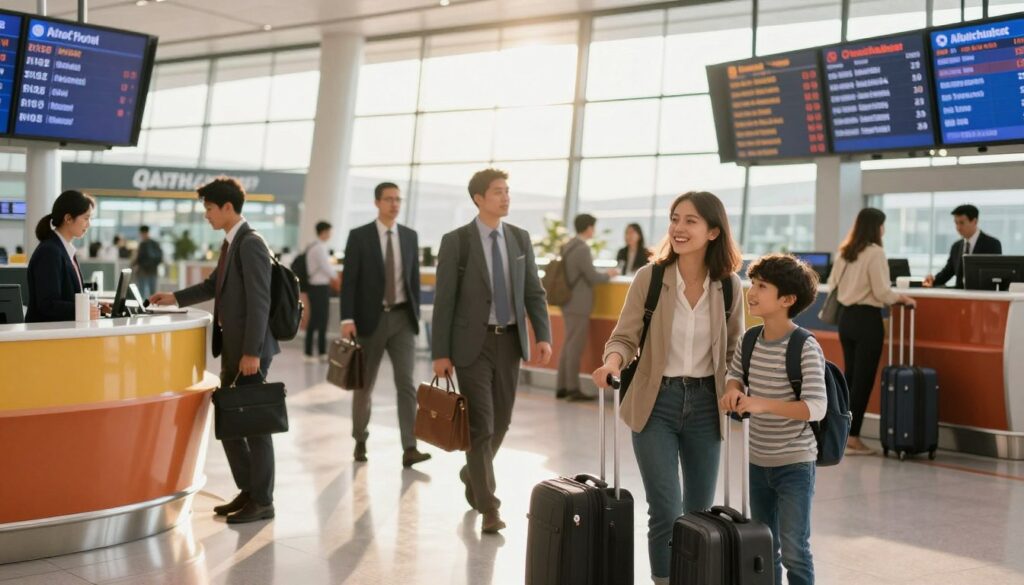 A busy airport terminal during the day, showcasing travelers checking in at vibrant counters with sleek, modern design. In the foreground, a family dressed in casual but neat travel attire is sorting their luggage, smiling with excitement as they prepare for their flight. The middle ground features a diverse group of business professionals moving with purpose, each carrying stylish briefcases. Background elements include large digital flight information boards displaying arrival and departure times, with the sunlight streaming through floor-to-ceiling windows, creating a warm and welcoming atmosphere. The overall mood is dynamic and anticipatory, reflecting the hustle and bustle of airport life in preparation for journeys ahead. A busy airport terminal during the day, showcasing travelers checking in at vibrant counters with sleek, modern design. In the foreground, a family dressed in casual but neat travel attire is sorting their luggage, smiling with excitement as they prepare for their flight. The middle ground features a diverse group of business professionals moving with purpose, each carrying stylish briefcases. Background elements include large digital flight information boards displaying arrival and departure times, with the sunlight streaming through floor-to-ceiling windows, creating a warm and welcoming atmosphere. The overall mood is dynamic and anticipatory, reflecting the hustle and bustle of airport life in preparation for journeys ahead.