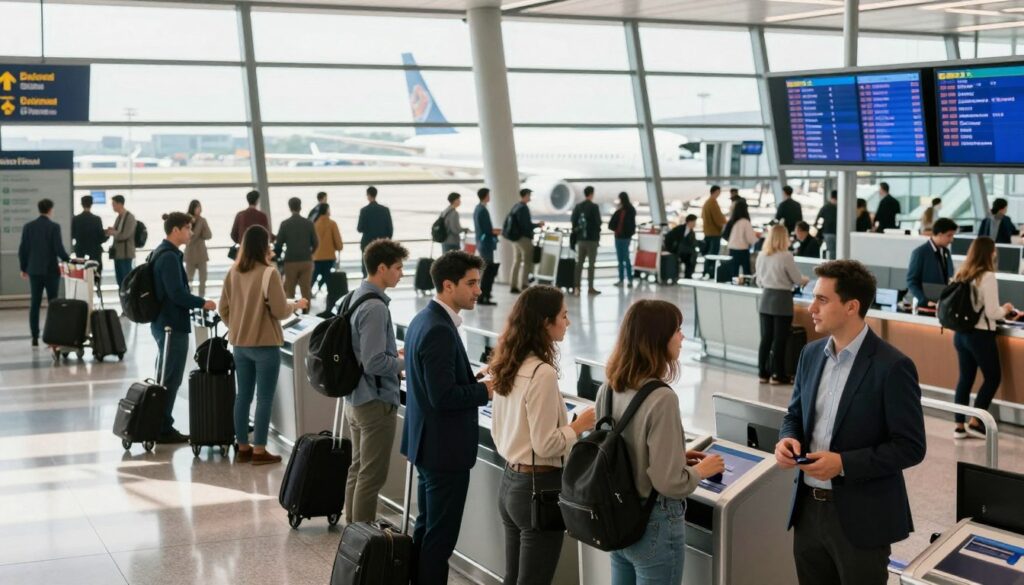 A busy international airport scene depicting travelers navigating through a modern terminal filled with signs and screens showing flight connections. In the foreground, a diverse group of passengers in professional business attire and modest casual clothing are checking in at a kiosk, with expressions of anticipation and curiosity. The middle ground features bustling crowds, luggage carts, and airport staff assisting travelers. Large windows in the background reveal aircraft parked on the tarmac under a bright sun, casting soft shadows on the polished floor. The atmosphere is dynamic and energetic, with the buzz of conversation and the subtle sound of rolling luggage. Natural light floods the scene, creating an inviting and welcoming environment, evoking the excitement of an international journey and the complexity of flight connections.