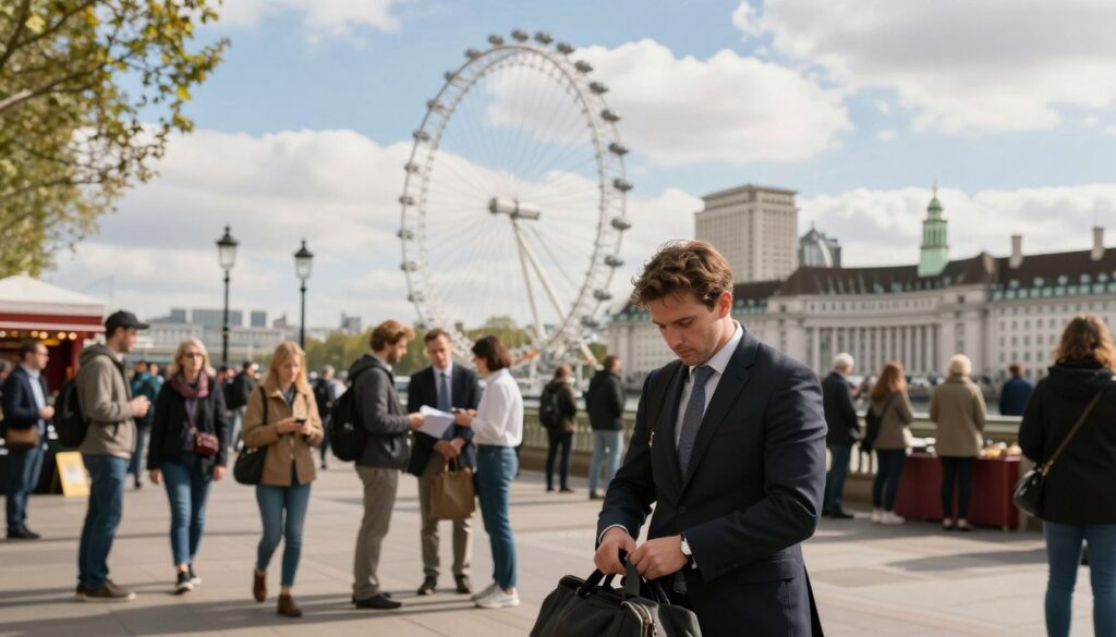 A busy public space in London during the daytime, showcasing a diverse crowd of people in professional business attire and modest casual clothing. In the foreground, a focused individual is attentively guarding their belongings, demonstrating vigilance against theft. The middle ground features a variety of tourists and locals interacting with iconic landmarks, such as the London Eye and street vendors. The background captures a sunny blue sky with fluffy white clouds, creating a warm and inviting atmosphere. Use soft, natural lighting to enhance the scene, with a slightly blurred depth of field to draw attention to the individuals in the foreground. The overall mood is a blend of caution and enjoyment, emphasizing the importance of staying aware in public areas.