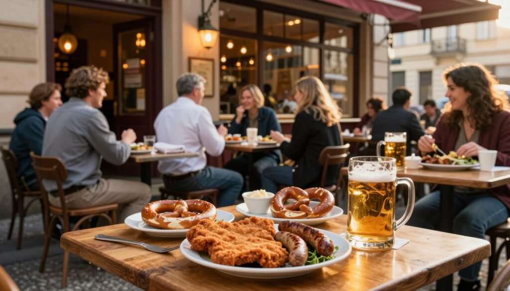 A charming Berlin street scene featuring a cozy restaurant with traditional German cuisine. In the foreground, a wooden table adorned with classic dishes like schnitzel, sausages, and pretzels, paired with local beer in rustic mugs. The middle ground captures diners enjoying their meals, dressed in casual yet stylish attire, laughing and chatting, while the background reveals the restaurant's inviting facade with warm lighting, large windows showcasing the bustling interior. Golden hour sunlight casts a soft glow over the scene, creating a welcoming atmosphere. The image should convey the essence of Berlin's culinary culture, emphasizing its friendly and vibrant dining experience.