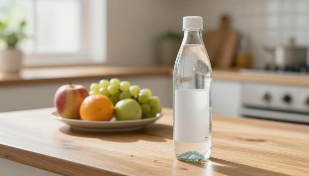 A clean and inviting indoor scene of a bottle of mineral water placed prominently on a wooden table. The bottle, made of glass, has a sleek design with a minimalistic label that suggests freshness. In the foreground, a few droplets of water are visible on the bottle, reflecting soft natural light that streams in from a nearby window. The middle ground features a neatly arranged plate with a variety of fresh fruits, emphasizing healthy eating. In the background, a soft-focus kitchen environment adds a homely feel, with subtle hints of green plants visible. The overall mood is refreshing and serene, ideal for conveying themes of health and hygiene. Use warm, diffused lighting to enhance the inviting atmosphere.