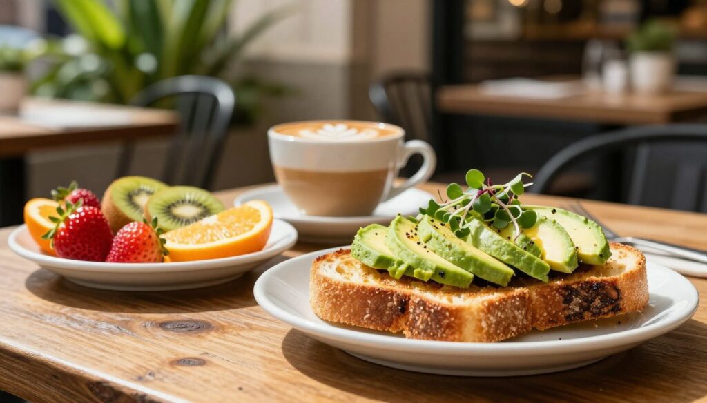 A close-up image depicting a vibrant breakfast scene inspired by Barcelona, featuring a cup of rich, creamy coffee alongside golden toasted bread, garnished with fresh avocado slices and sprinkled with microgreens. In the foreground, a rustic wooden table adds warmth, while a small plate holds a colorful assortment of fresh fruits like strawberries, kiwis, and oranges. The middle of the image captures the texture of the toast and the intricate latte art in the coffee cup. In the background, a soft-focus view of a sunlit café ambiance with greenery creates a relaxed, inviting atmosphere. Natural sunlight filters through, enhancing the freshness of the meal while giving the scene a cozy, cheerful feel, perfect for a light break from traditional tapas.