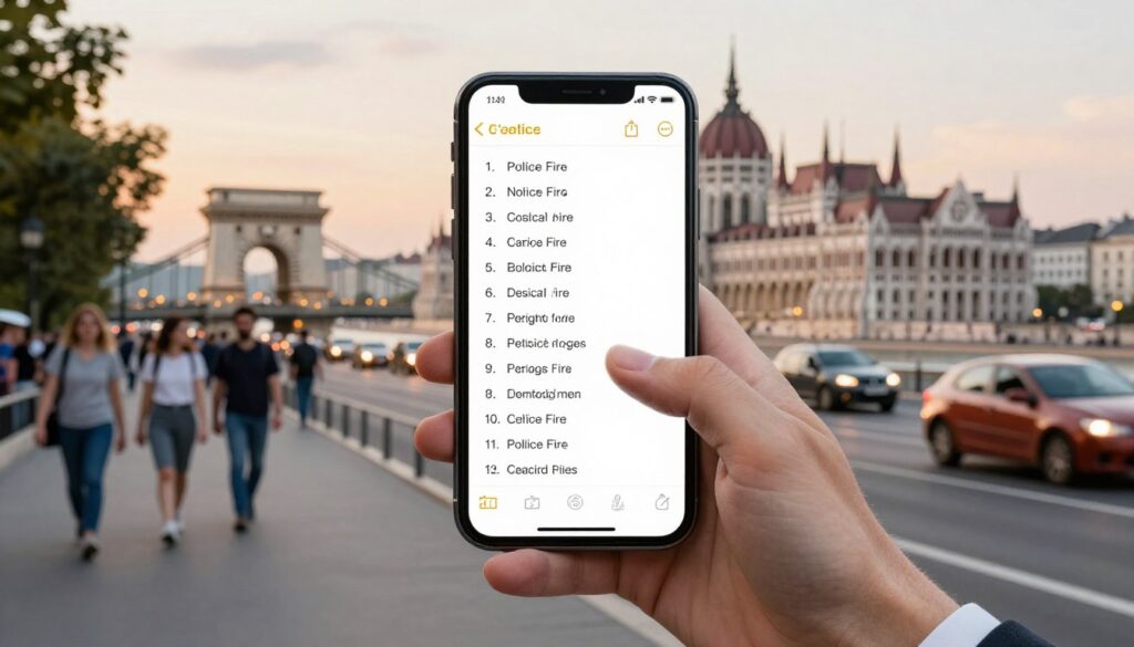 A collage of emergency safety contact numbers prominently displayed on a modern smartphone screen, set against a bustling cityscape of Budapest. The foreground features a close-up of the phone, showing clear emergency numbers like police, fire, and medical services, while hands in professional business attire lightly touch the screen. In the middle ground, a blurred image of a busy Budapest street with people walking and cars driving by captures the vibrancy of the city. The background includes iconic landmarks like the Parliament building and the Chain Bridge, softly lit by the warm glow of sunset. The scene conveys a sense of urgency but also safety and accessibility, with an overall bright and reassuring atmosphere.