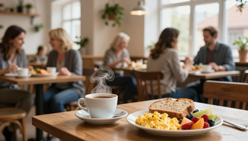 A cozy café scene representing a delightful breakfast experience in Olsztyn. In the foreground, a beautifully arranged table showcases a steaming cup of rich, aromatic coffee next to a plate of traditional Polish breakfast items, including scrambled eggs, fresh bread, and vibrant seasonal fruits. The middle layer features a soft-focus view of patrons enjoying their meals, dressed in casual yet stylish clothing, engaged in friendly conversation. In the background, sunlit windows filter warm natural light into the café, illuminating rustic wooden furniture and hanging plants, creating an inviting atmosphere. The mood is relaxed and cheerful, capturing the essence of starting a day in Olsztyn. Use a shallow depth of field to emphasize the table setting while softly blurring the background elements, enhancing the intimate feel of the scene.
