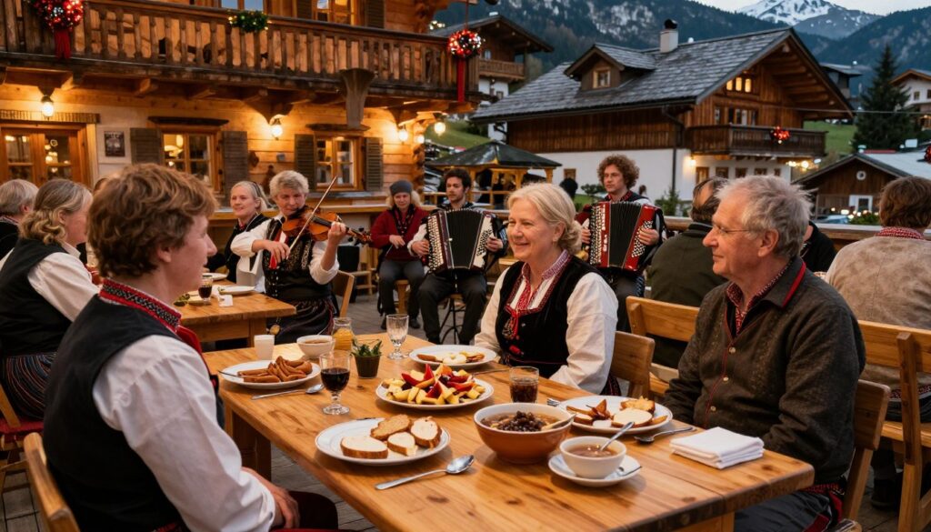 A cozy, rustic tavern scene in the heart of Zakopane, showcasing a traditional mountain ambiance. In the foreground, a wooden dining table is adorned with plates of oscypek and bowls of kwaśnica, surrounded by people in modest mountain attire, joyfully sharing a meal. The middle ground features a band playing folk music with instruments like violins and accordions, contributing to a lively atmosphere. In the background, charming wooden architecture typical of the region is visible, decorated with warm, glowing lights. Natural wood tones and warm lighting create an inviting mood, reminiscent of a traditional Polish mountain inn, emphasizing culture and community. The scene should evoke warmth and a sense of gathering, reflecting local traditions without any text or distractions.