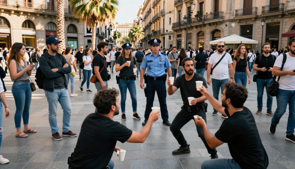 A crowded street in Barcelona, vividly showcasing diverse tourists and locals. In the foreground, a group of three street performers engaging in a "three cups" trick, appearing enthusiastic and slightly mischievous. Men and women in modest casual clothing, reflecting a bustling atmosphere. In the middle, a figure dressed as a fake police officer, with a playful yet deceptive demeanor, interacting with unsuspecting pedestrians. The background features classic Barcelona architecture and palm trees, under warm afternoon sunlight, creating a lively, sunlight-dappled scene. The image captures the essence of street scams with a slightly ominous mood, balanced by the vibrant, tourist-heavy setting. Utilize a wide-angle lens to enhance the depth and detail of the scene, ensuring focus on the performers and the fake officer.