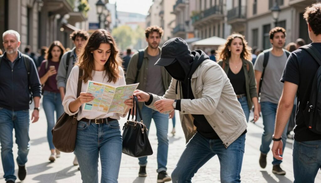 A crowded urban street in Barcelona during the daytime, showcasing a scene where a thief is stealthily attempting to snatch a handbag from a distracted tourist. In the foreground, the thief, dressed casually in jeans and a light jacket, is poised to steal, their face partially obscured by a cap. The victim, a young woman in modest casual clothing, is looking at a map, unaware of the impending theft. In the middle ground, other pedestrians bustle around, some glancing towards the action with varying expressions of surprise or indifference. The background features iconic Barcelona architecture, with bright sunlight illuminating the scene and casting soft shadows. The mood is tense yet bustling, capturing the urgency of urban life and the threat of pickpocketing in crowded areas.