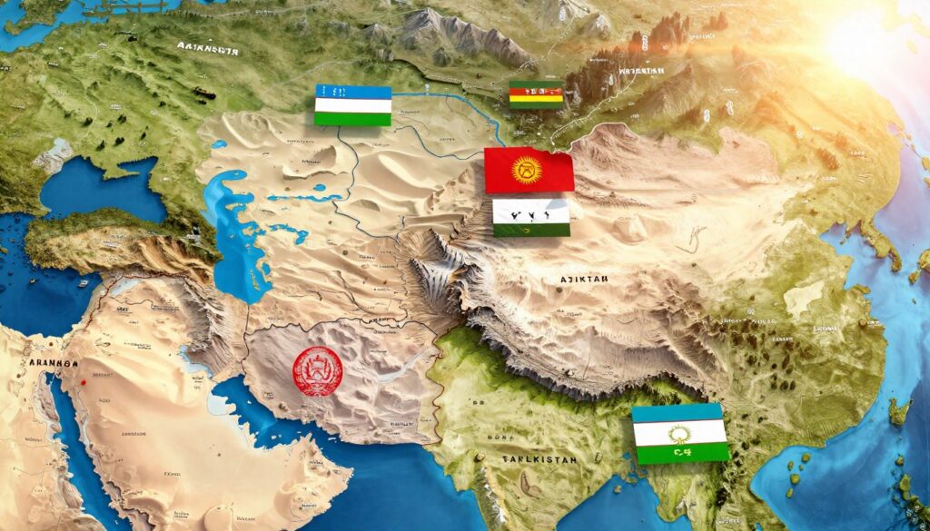 A detailed and informative map of Central Asia, highlighting Uzbekistan's borders with its neighboring countries: Kazakhstan to the north, Kyrgyzstan to the northeast, Tajikistan to the southeast, Afghanistan to the south, and Turkmenistan to the southwest. In the foreground, include geographical landmarks such as the Aral Sea and the Tien Shan mountains. The middle ground should feature stylized representations of each neighbor's flags and a subtle transition showing desert regions. The background should have a soft, warm sunset casting golden hues over the landscape, symbolizing the rich cultural and historical tapestry of the region. Use a wide-angle perspective to capture the vastness of Central Asia, with a focus on clarity and detail. Maintain a professional and educational atmosphere, free from text or logos.