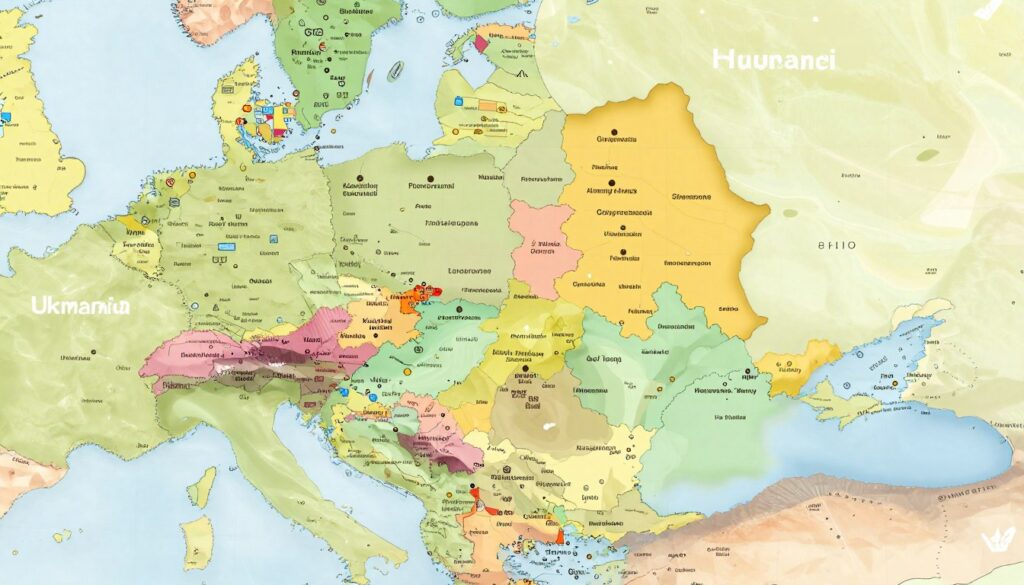 A detailed and vibrant mental map of Romania and its neighboring countries, focusing on key regions and landmarks. In the foreground, incorporate symbols representing Romania’s borders, such as a subtle outline of the country. The middle ground should display colorful regions, each with distinct patterns or icons symbolizing major cities and geographical features. In the background, softly illustrate neighboring countries like Ukraine, Moldova, Hungary, and Serbia, with their outlines hinting at their proximity. Use a warm, inviting color palette with soft lighting to create a friendly, educational atmosphere. The overall composition should be clear and coherent, emphasizing Romania’s position in Eastern Europe, with an aerial view perspective, ensuring the image is engaging and informative without any text or annotations.