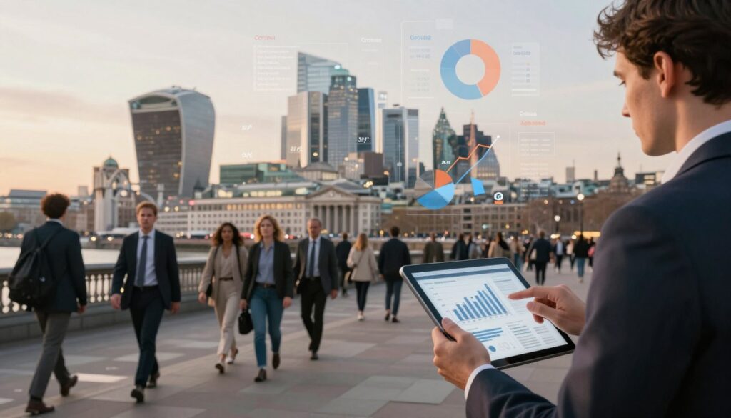 A detailed cityscape of London showcasing crime statistics in a visual format. In the foreground, a professional figure in business attire analyzes a digital tablet displaying graphs and charts, symbolizing data analysis. The middle layer features a diverse group of citizens walking calmly, reflecting a mix of safety and alertness. The background is a skyline of iconic London landmarks bathed in warm evening light, with a subtle haze suggesting a busy but safe urban environment. Incorporate floating infographic elements like pie charts and line graphs that represent crime statistics, seamlessly integrated into the scene. The overall atmosphere should be informative yet reassuring, conveying a sense of urban life with an underlying message of vigilance.