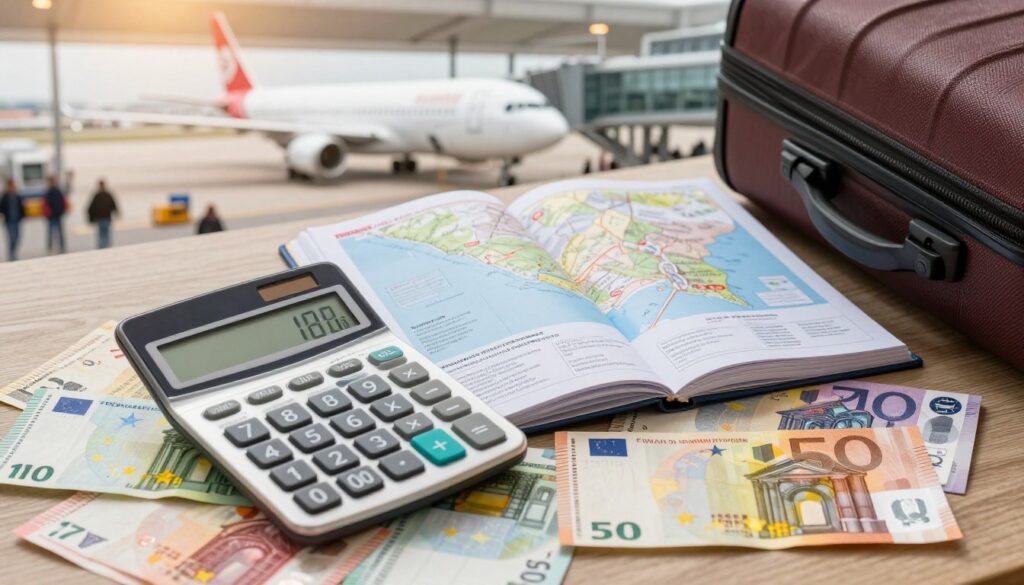 A detailed flat lay composition showcasing the costs associated with flights to Tunisia. In the foreground, a clear glass calculator displaying numbers to represent flight costs, surrounded by various currencies, including euros and Tunisian dinars. In the middle ground, an open travel guidebook featuring maps and tips about Tunisia, with a suitcase partially visible, indicating preparation for the journey. The background features a soft-focus airport scene with planes on the tarmac and travelers navigating through the terminal, captured in warm, welcoming lighting. The overall mood is one of anticipation and planning for an adventurous trip, emphasizing a harmonious balance between cost and travel time.