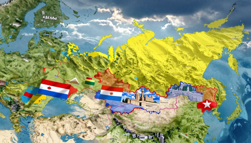 A detailed map depicting the unrecognized states bordering Russia, such as Abkhazia, South Ossetia, and Transnistria, illustrated with vibrant colors and clear borders. In the foreground, include symbolic elements representing these territories, like their flags or cultural landmarks, while showing them on a map overlay with realistic geographical features. In the middle, depict a palpable sense of tension and complexity, maybe with shadows representing international relations. The background should feature a stylized representation of the Russian landscape, including mountains and rivers, under a dramatic sky, suggesting a place marked by historical significance. Use soft, natural lighting to enhance the atmosphere, creating an engaging, informative visual experience. A detailed map depicting the unrecognized states bordering Russia, such as Abkhazia, South Ossetia, and Transnistria, illustrated with vibrant colors and clear borders. In the foreground, include symbolic elements representing these territories, like their flags or cultural landmarks, while showing them on a map overlay with realistic geographical features. In the middle, depict a palpable sense of tension and complexity, maybe with shadows representing international relations. The background should feature a stylized representation of the Russian landscape, including mountains and rivers, under a dramatic sky, suggesting a place marked by historical significance. Use soft, natural lighting to enhance the atmosphere, creating an engaging, informative visual experience.