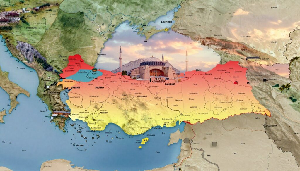 A detailed map illustrating Turkey's borders with neighboring countries, including Greece, Bulgaria, Georgia, Armenia, Azerbaijan, Iran, Iraq, and Syria. In the foreground, a highlighted and labeled border area featuring distinct color gradients to differentiate each neighboring country clearly. In the middle ground, iconic landmarks from Turkey and its neighbors subtly integrated into the landscape, such as the Hagia Sophia and Mount Ararat, enhancing the cultural context. The background should depict a serene sky at dusk, with soft, warm lighting creating an inviting atmosphere. The viewpoint is slightly elevated, providing a broad perspective on the geopolitical landscape. Avoid any text or labels beyond the map lines. The overall mood should be informative yet visually engaging, perfect for educational purposes.