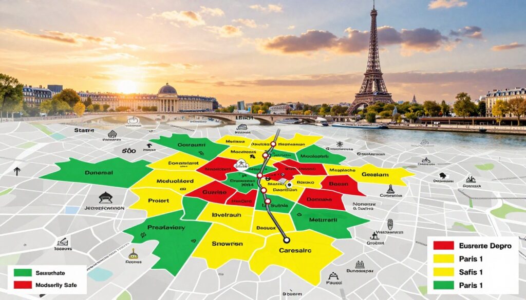 A detailed map of Paris highlighting different districts, showcasing variations in safety for tourists. The foreground features an intricate, color-coded map with clear labels for each district, using bright colors to indicate safety levels: green for safe, yellow for moderately safe, and red for areas with higher caution. In the middle ground, subtle icons represent tourist attractions and public transport hubs, while a faint grid overlay adds a sense of structure. The background includes soft depictions of iconic Parisian landmarks like the Eiffel Tower and the Seine River, under a sunset sky that casts a warm, inviting glow. The atmosphere is informative yet engaging, ideal for helping tourists navigate their experiences safely in the city.