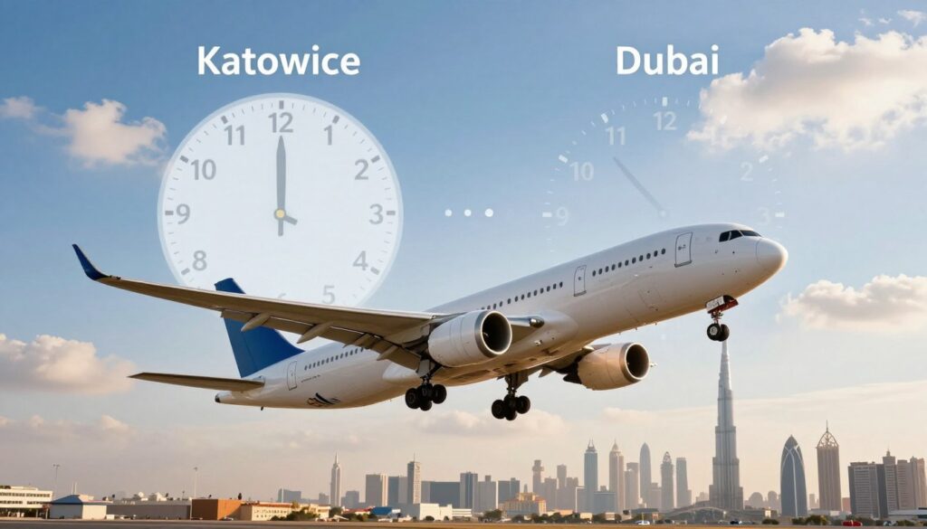 A detailed scene depicting the concept of flight duration, illustrating a time comparison from Katowice to Dubai. In the foreground, an elegant airplane is taking off, showcasing its sleek design against a bright blue sky dotted with fluffy clouds. The middle ground features a clock overlay with varying time zones (Katowice and Dubai) displaying different times, signifying the journey's duration. In the background, soft silhouettes of a city skyline representing Katowice blend into the vibrant horizon of Dubai, with its iconic skyscrapers like the Burj Khalifa. The mood is bright and optimistic, with warm sunlight illuminating the scene, creating a sense of adventure. The composition should have a dynamic angle to emphasize flight and time, and the overall atmosphere should evoke excitement and exploration.