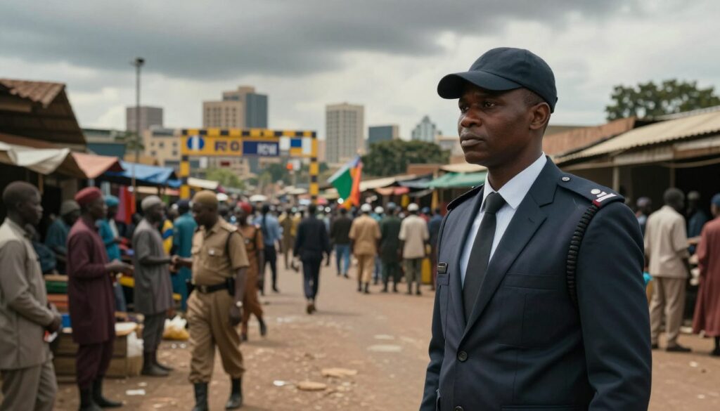 A detailed scene depicting the security challenges in Nigeria, focusing on various aspects of safety threats. In the foreground, illustrate a professional security personnel, dressed in business attire, standing alert near a crowded urban marketplace, symbolizing the presence of law enforcement. In the middle ground, include elements such as police checkpoints and community gatherings, showcasing local dynamics amidst security concerns. The background should feature a skyline of a Nigerian city under a dramatic sky, emphasizing tension with muted colors and contrasting shadows. Utilize soft, natural lighting to create a realistic atmosphere while maintaining an air of concern and vigilance. The overall mood should be serious and contemplative, reflecting the importance of understanding security issues in Nigeria.