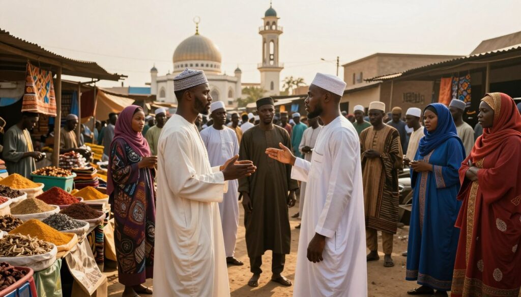 A dramatic scene depicting a religious conflict in Nigeria, set in a vibrant marketplace. In the foreground, two groups of individuals are engaged in a tense dialogue; one group dressed in traditional Muslim attire, with men in flowing robes and women in hijabs, and the other in colorful Christian garments, showcasing cultural diversity. The middle ground features stalls filled with spices and textiles, illustrating the marketplace's hustle. In the background, a mosque and a church stand close together, symbolizing the ongoing religious tension. The lighting is warm and golden, suggesting late afternoon, casting long shadows and enhancing the emotional ambiance. The overall mood should evoke a sense of urgency and underlying tension while maintaining respect for the cultural elements.