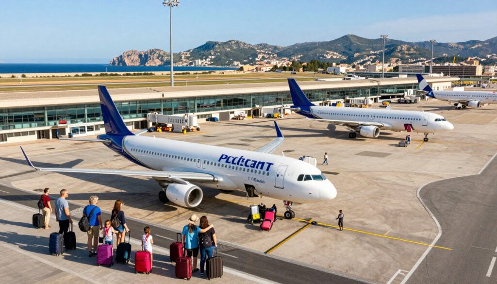 A dynamic aerial view of Palma de Mallorca's airport bustling with activity, showcasing several commercial airplanes from different airlines parked at the gates. In the foreground, highlight a vibrant scene of travelers with rolling luggage and families embracing, dressed in casual travel attire, full of excitement. The middle ground features the sleek architecture of the airport terminal, gleaming in the warm Mediterranean sunlight. The background reveals the stunning landscape of Mallorca, with rolling hills and the azure sea under a clear blue sky. The image captures the lively atmosphere of international travel, with a focus on the connection between Poland and Palma de Mallorca, evoking a sense of adventure and wanderlust. Bright natural lighting and a high-angle perspective enhance the vividness of the scene. A dynamic aerial view of Palma de Mallorca's airport bustling with activity, showcasing several commercial airplanes from different airlines parked at the gates. In the foreground, highlight a vibrant scene of travelers with rolling luggage and families embracing, dressed in casual travel attire, full of excitement. The middle ground features the sleek architecture of the airport terminal, gleaming in the warm Mediterranean sunlight. The background reveals the stunning landscape of Mallorca, with rolling hills and the azure sea under a clear blue sky. The image captures the lively atmosphere of international travel, with a focus on the connection between Poland and Palma de Mallorca, evoking a sense of adventure and wanderlust. Bright natural lighting and a high-angle perspective enhance the vividness of the scene.
