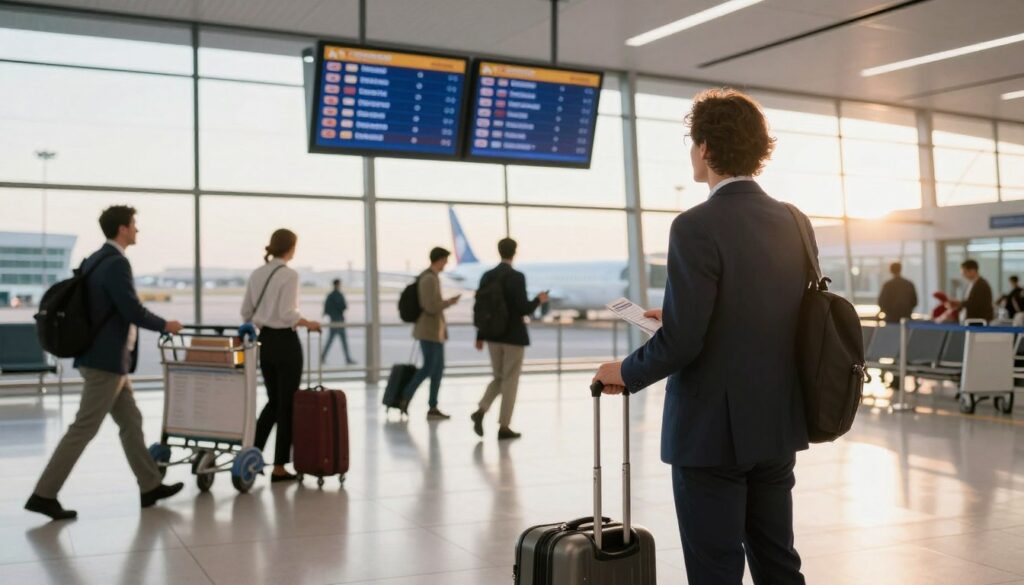 A dynamic airport scene depicting a traveler waiting at a terminal for a connecting flight to Tunisia. In the foreground, a well-dressed person, carrying a suitcase and looking at a flight information display, conveys anticipation. The middle ground features a busy airport with travelers in professional attire, checking their boarding passes. Luggage carts and airline staff are visible, enhancing the sense of motion. The background showcases a panoramic view of large windows revealing airplanes on the tarmac, with the setting sun casting a warm glow. Bright overhead lights illuminate the vibrant atmosphere, while a soft blur effect emphasizes the feeling of motion and excitement in air travel. The overall mood is energetic and optimistic, reflecting the journey's anticipation.