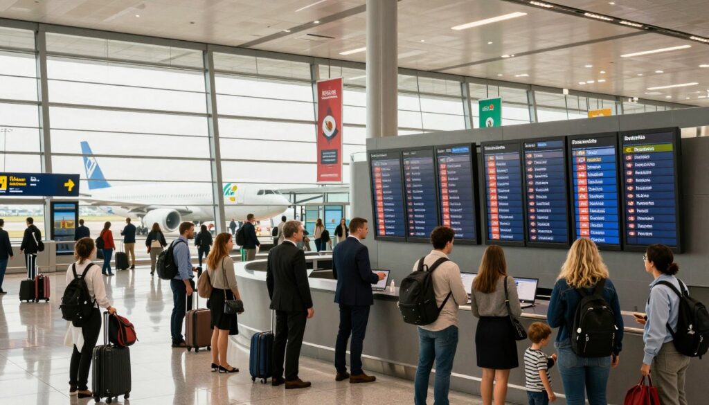 A dynamic airport scene showcasing popular layover hubs for flights to Mexico, featuring an international terminal bustling with travelers. In the foreground, diverse groups of travelers, including professionals in business attire and families, are checking flight boards displaying destinations like Frankfurt, Paris, Amsterdam, and Madrid. The middle ground reveals sleek, modern architecture of the airport with large windows, showcasing planes ready for takeoff. The background is filled with softly glowing departure signs and colorful travel banners. Natural light spills in through the windows, creating a warm and inviting atmosphere. The image should convey a sense of excitement and anticipation as travelers embark on their journeys to Mexico.