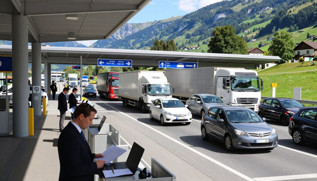 A dynamic and detailed scene capturing the essence of border crossings and transport corridors. In the foreground, depict modern customs facilities with professionals in business attire checking documents and managing traffic flows. In the middle ground, illustrate diverse vehicles, including trucks and cars, navigating a busy border checkpoint, with clear signage indicating direction. In the background, show scenic landscapes of Switzerland, with mountainous terrain and lush greenery, under a bright blue sky. Use natural light to create a realistic atmosphere, highlighting the efficiency of transport systems. The image should evoke a sense of movement and vitality, reflecting the importance of these transport corridors in connecting regions.