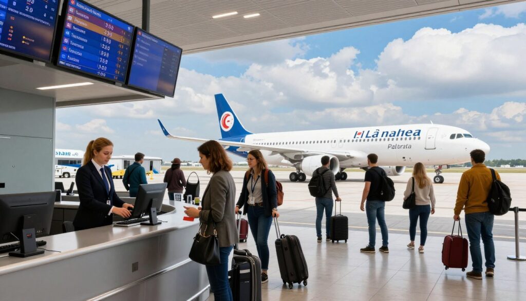 A dynamic scene at an airport showcasing various airlines, capturing the essence of air travel from Poland to Tunisia. In the foreground, a modern check-in desk with staff in professional business attire assisting passengers. In the middle, travelers with luggage are engaged in checking in, while a digital display board shows flight times and destinations, including flights to Tunisia. The background features sleek airplanes parked at the tarmac under bright daylight, with a blue sky and fluffy clouds enhancing the atmosphere. The image should have a vibrant and busy yet organized feel, with natural lighting reflecting the professionalism of the airline industry. Emphasize the connectivity and excitement of international travel, focusing on the journey to Tunisia.