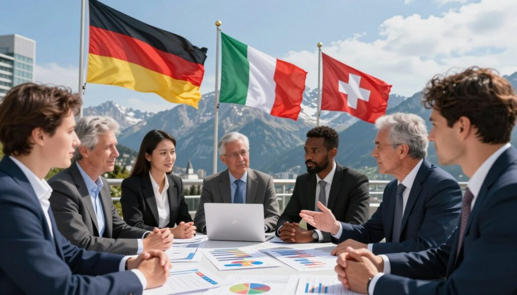 A dynamic scene depicting collaboration between Austria and its neighboring countries, emphasizing trade and investment. In the foreground, a diverse group of business professionals in professional attire engaging in animated discussions, with charts and graphs on a table, symbolizing trade agreements. The middle ground features iconic Alpine mountains, with flags of neighboring countries like Germany, Italy, and Switzerland waving gently in the breeze. The background shows a modern cityscape with a clear blue sky, symbolizing growth and progress. Soft, natural lighting cascades over the scene, highlighting the optimism and energy of cross-border partnerships. The atmosphere is vibrant and productive, evoking a sense of synergy in economic cooperation and regional development.